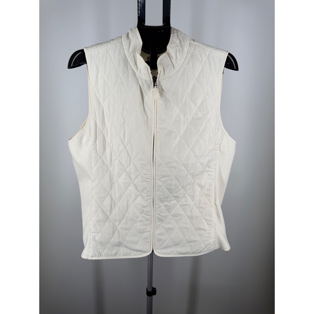 Talbots White Quilted Vest Womens‎ Large Full Zip Mock Neck Ribbed Sides L
